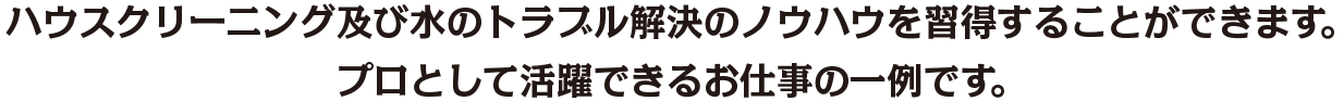 ハウスクリーニング及び水のトラブル解決のノウハウを習得することができます。 プロとして活躍できるお仕事の一例です。